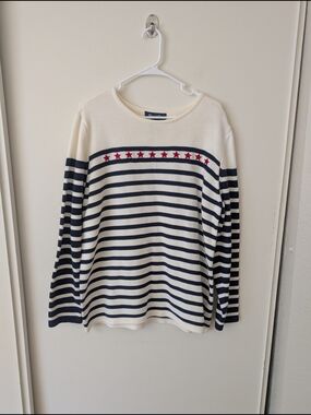 Vintage Womens Large 100% Cotton Stars & Stripes Sweater Cream Cottage Classic